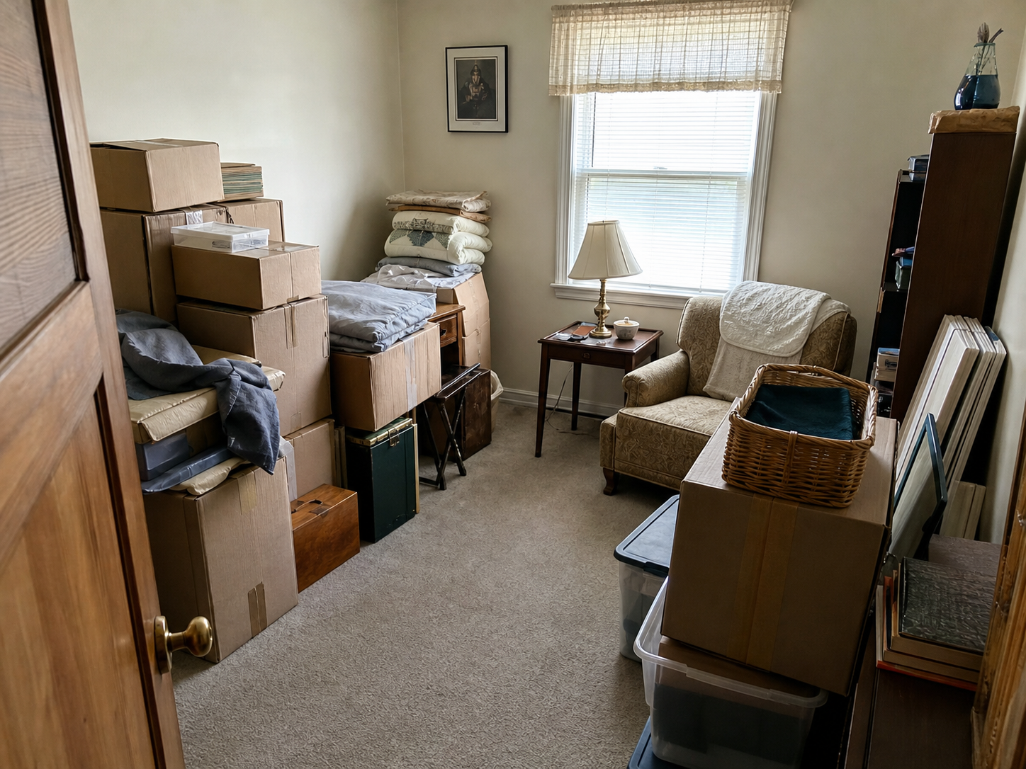 Room filled with boxes, furniture, and household items before estate cleanout